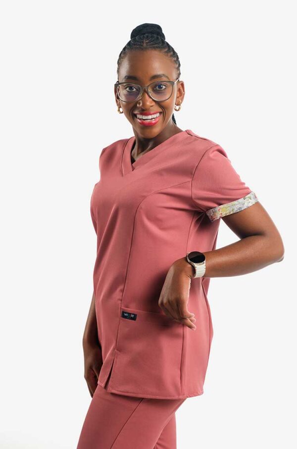 Molly Ladies Roll-up Sleeve Scrub Tops - Rusty Rose, XXS